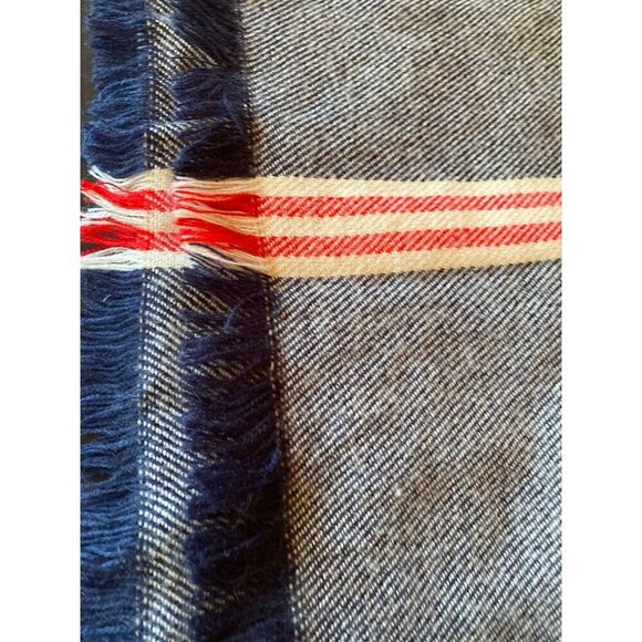 Blue Cream Red Striped Fringed Wrap Scarf One Size - Picture 3 of 5